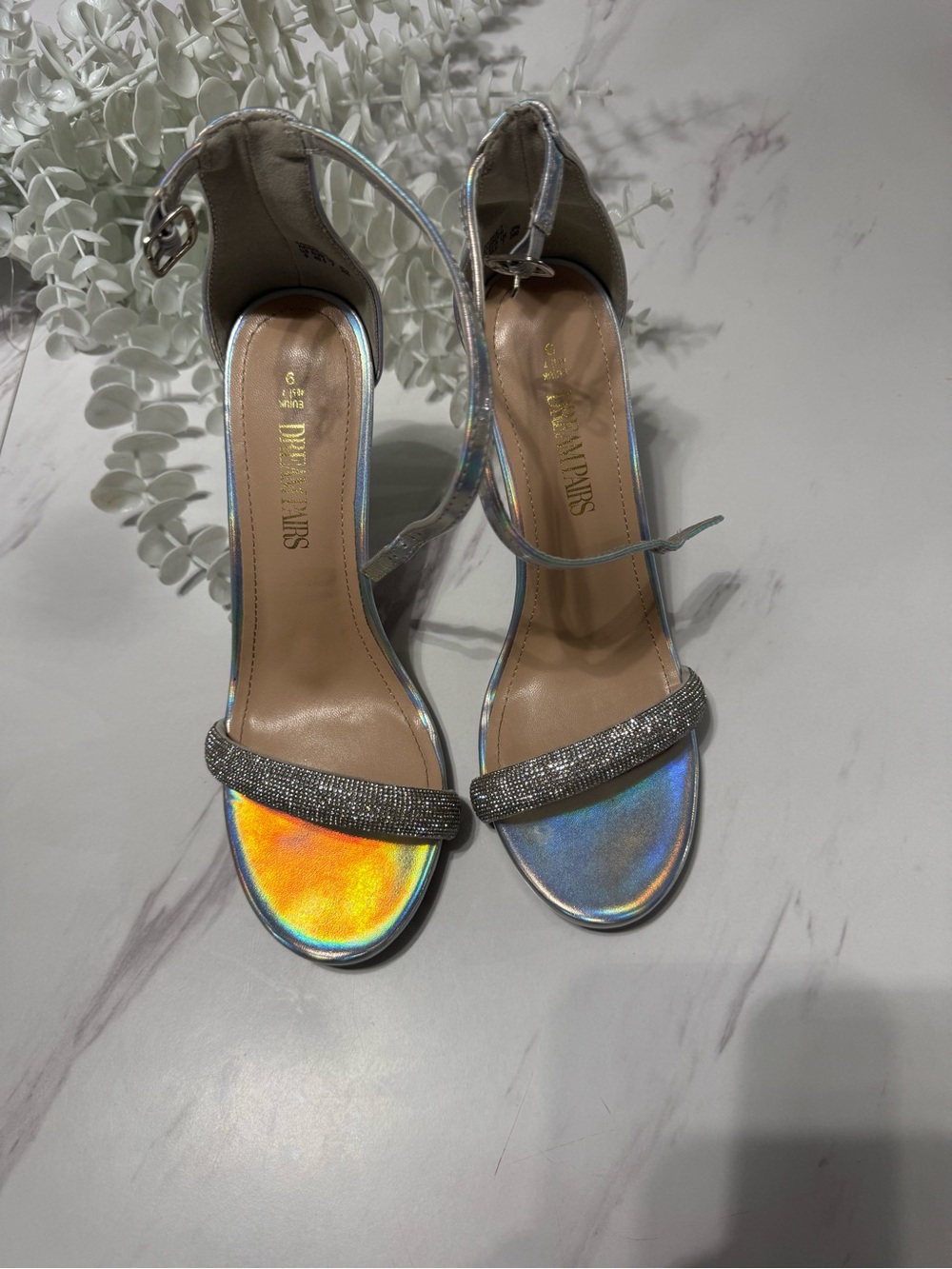 Dream Pairs Holographic Ankle-Strap Heels with Rhinestone Toe Strap in Silver